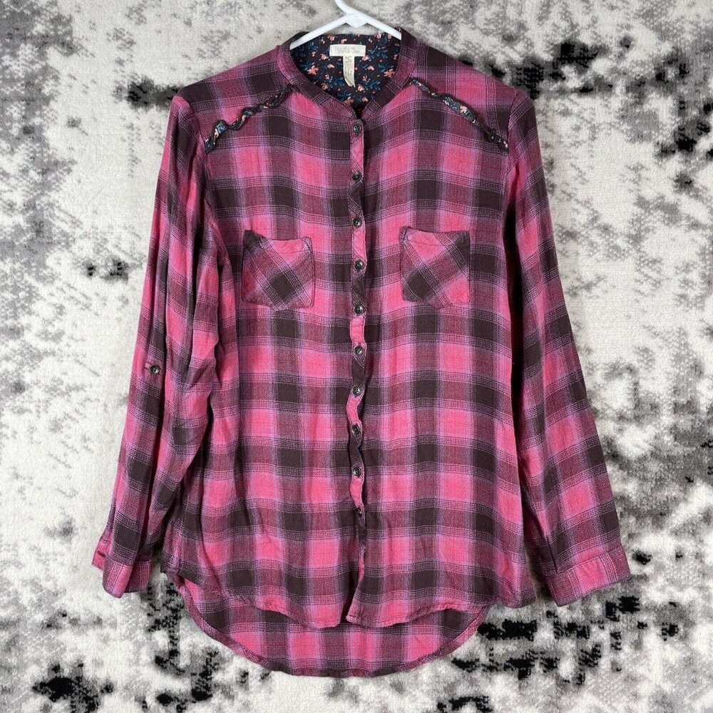 Matilda Jane Button Up Shirt Womens Size Small Pink Black Plaid Rayon Cowgirl